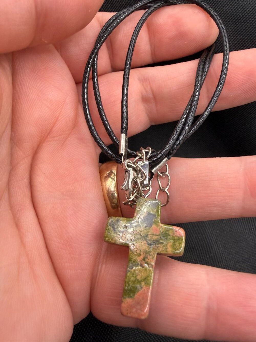 🪵 Carved Unakite Jasper Stone Cross Pendant Necklace: Natural Moss Green & Pink